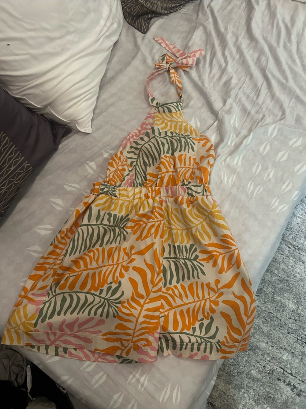 Maileo Tropical Halter Romper in Mustard, Olive & Blush size small